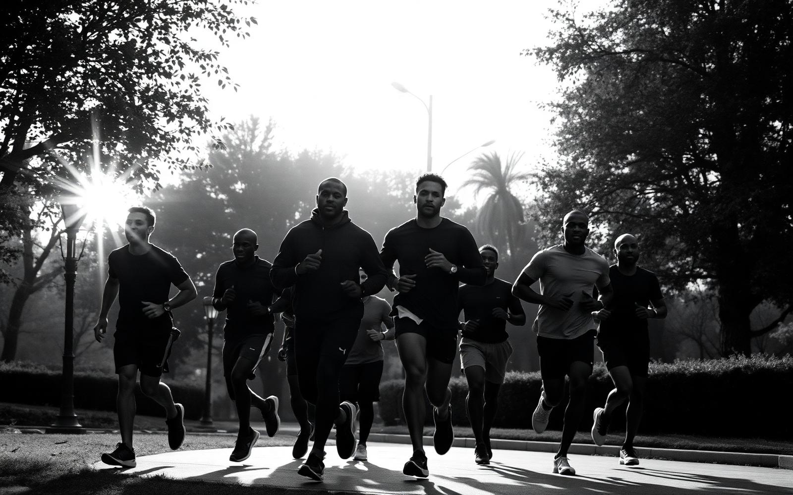 Black men jogging together at dawn through a city park
